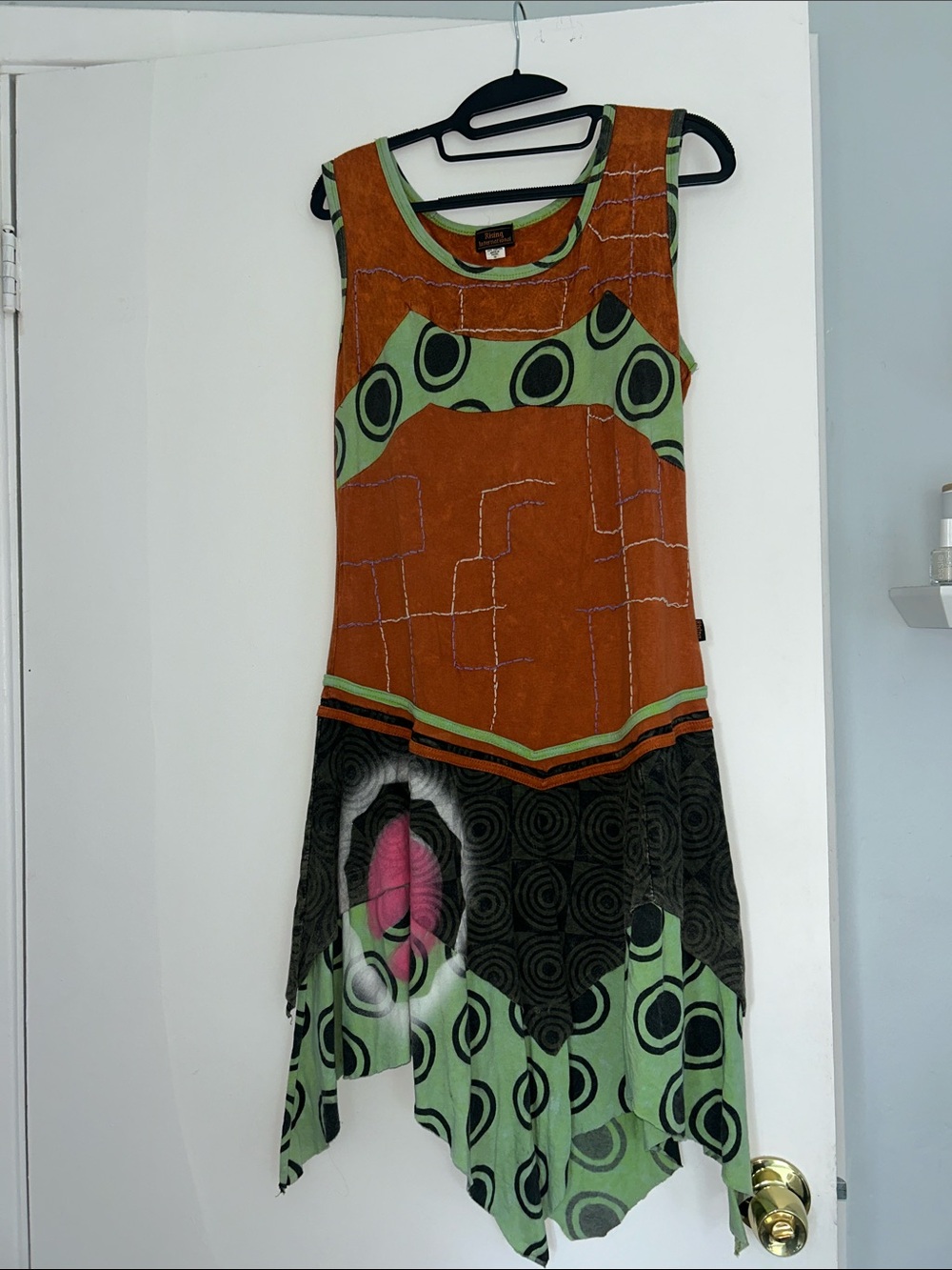 Boho Patchwork Sleeveless Midi Dress in Rust & Green